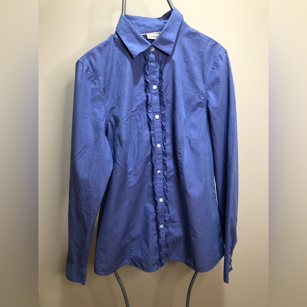 LL Bean blue, fitted with ruffle placket, S, button up shirt